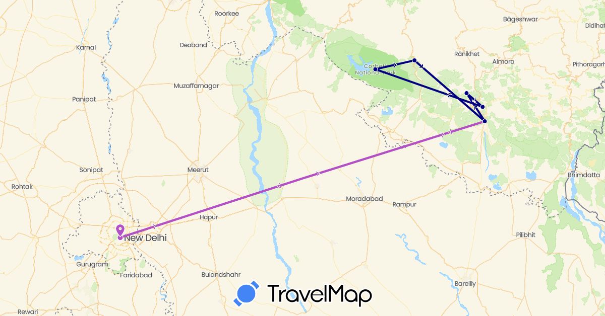 TravelMap itinerary: driving, train in India (Asia)