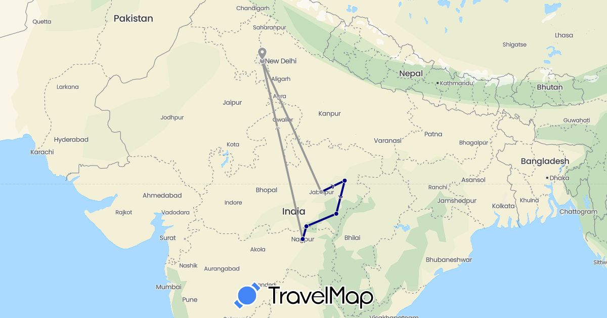 TravelMap itinerary: driving, plane in India (Asia)